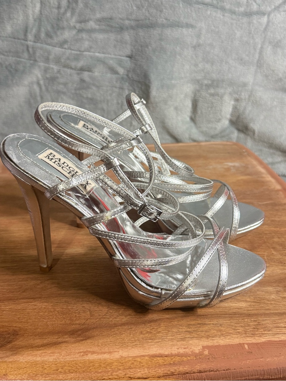 Badgley Mischka Metallic Silver Multi-Strap High Heel Sandals